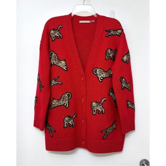 Alice + Olivia Red Bengal Cat Embroidered Grandpa Cardigan – Wool Blend, Size M - Picture 2 of 15